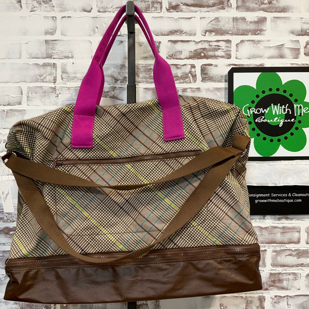 Lands' End Plaid Travel Bag With Pink Handles And Brown Trim